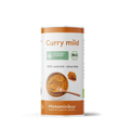 Weiße Gewürzdose mit orangefarbenem Deckel und Etikett „Curry mild“. Aufschrift: 100 % natürlich, ohne Hefe, histaminarm, glutenfrei, Bio. Abbildung von Currypulver mit Holzlöffel.