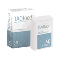 Verpackung und Spenderdose „DAOfood“ mit blau-weißem Design. Enthält 60 magensaftresistente Mini-Tabletten mit Diaminoxidase (DAO).