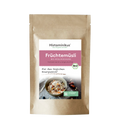 Braune Papierverpackung mit weißem Etikett. Produktname „Früchtemüsli“ in rosa Schrift, darunter „Bio-Müslimischung, histaminarm und glutenfrei“. Foto einer Müslischale mit Löffel und Trockenfrüchten.