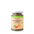 Render Foto des Produktes "Gemüsepaste Universal". Ein kleines Glas mit weißem Deckel. Die Paste innerhalb des Glases ist grün-braun und von stückiger Struktur. Das Etikett des Glases ist hell und trägt die Aufschrift "Histaminikus, das Original seit 2017". Darunter befindet sich der Titel des Produktes " Gemüsepaste Universal". Darunter sind Karotten, Pastinake und Petersilie zu sehen. Das Produkt wird als histaminarm und glutenfrei bezeichnet.