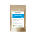 Beigefarbene Nachfüllverpackung mit blauem Etikett. Produktname „Histamin-Hero“, darunter die Angabe „histaminarm und glutenfrei“. Beschreibung: vollmundiger Kräutertee mit Nelken-Zitronennote zur Unterstützung bei Histaminintoleranz. BIO-Siegel vorhanden.