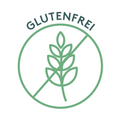 Grafik eines grünen kreisförmigen Siegels mit einer stilisierten durchgestrichenen Ähre in der Mitte. Darüber steht in Großbuchstaben der Schriftzug „GLUTENFREI“. Die Darstellung signalisiert ein glutenfreies Produkt.