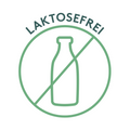 Grafik eines grünen kreisförmigen Siegels mit einer stilisierten durchgestrichenen Milchflasche in der Mitte. Darüber steht in Großbuchstaben der Schriftzug „LAKTOSEFREI“. Die Darstellung kennzeichnet ein laktosefreies Produkt.