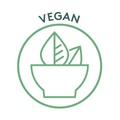 Grünes Siegel mit der Aufschrift „VEGAN“ über einem Symbol einer Schale mit zwei stilisierten Blättern.