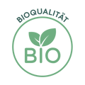 Grünes Siegel mit dem Schriftzug „BIOQUALITÄT“ in Großbuchstaben am oberen Rand. In der Mitte ein stilisiertes sechseckiges Bio-Logo mit Blattform und dem Text „BIO nach EG-Öko-Verordnung“. Das Siegel kennzeichnet Produkte in kontrollierter Bio-Qualität.