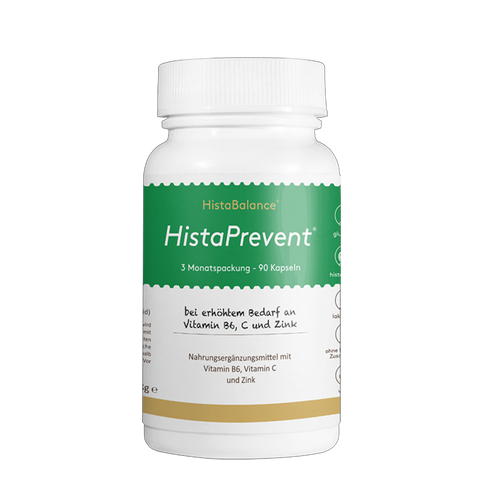 Weiße Dose mit grün-goldenem Etikett der Marke HistaBalance®, Aufschrift „HistaPrevent“, enthält 90 Kapseln zur Versorgung mit Vitamin B6, C und Zink, beworben bei erhöhtem Bedarf.