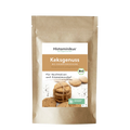 Braune Papierverpackung mit weißem Etikett. Aufschrift „Histaminikus – Keksgenuss – Bio-Keksbackmischung“, darunter „histaminarm und glutenfrei“. In der Mitte ein Foto mit mehreren Keksen, ein paar lose, andere zu einem Stapel gebunden. Daneben der Text „Für Naschkatzen und Krümelmonster!“, unten ein grünes Label mit dem Hinweis „histaminarm, glutenfrei, laborgeprüft“.