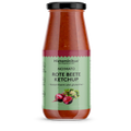 Eine Glasflasche „Rote Beete Ketchup“ von Histaminikus mit grünem Etikett. Aufschrift: „NO!MATO Rote Beete Ketchup – histaminarm und glutenfrei“. Abgebildet sind Rote Beete und Kräuter.