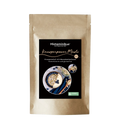 Produktfoto eines braunen Papierbeutels mit schwarzem Etikett. Darauf in weißer Schrift der Produktname „Knusperpower Müsli“ und die Beschreibung „Knuspermüsli mit Macadamianüssen – histaminarm und glutenfrei“. Abgebildet ist eine Müsli-Schale mit Joghurt und Blaubeeren.
