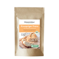 Produktabbildung der braunen Kraftpapierverpackung mit Etikett „Knuspriger Franz – Bio-Baguette-Mischung“. Untertitel: „histaminarm und glutenfrei – mit Hefe oder Backpulver backen“. Im unteren Bereich ein Foto von frisch gebackenem Baguette auf einem Holzbrett, mit dem handschriftlichen Zusatz „knusprig, kross, fluffig!“. Daneben grüne Siegel für „histaminarm glutenfrei“ und Bio-Qualität.