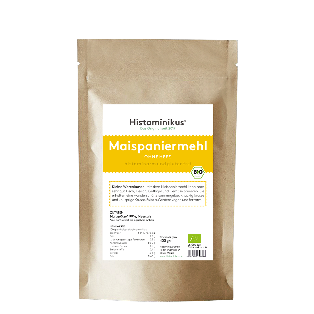 Produktfoto der braunen Standbodenverpackung von Histaminikus. Vorderseite mit weißem Etikett und gelbem Akzent. Oben steht „Maispaniermehl – ohne Hefe – histaminarm und glutenfrei“. Darunter Text zur Anwendung: für Fleisch, Fisch, Geflügel und Gemüse, ergibt eine knusprige Kruste, fettarm und vegan. Im unteren Bereich Nährwerttabelle und Zutatenliste: Maisgrieß (99 %), Meersalz. Verpackungsinhalt: 400 g.