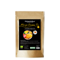 Standbeutel aus braunem Kraftpapier mit schwarzem Etikett von Histaminikus. Auf dem Etikett steht „Mango Rooibos Tee“ sowie „fruchtiger Rooibos-Tee, histaminarm | glutenfrei“. Abgebildet sind eine aufgeschnittene Mango und eine Tasse Tee, daneben ein gelbes BIO-Siegel. Im unteren Bereich stehen Zutaten, Zubereitung, Bio-Kennzeichnung, ein grünes Prüfsiegel sowie die Füllmenge von 100 g.