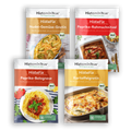 Vier verschiedene HistaFix-Beutel von Histaminikus nebeneinander angeordnet: Nudel-Gemüse-Gratin, Paprika-Rahmschnitzel, Paprika-Bolognese und Kartoffelgratin. Jedes mit appetitlichem Gerichtfoto, Bio-Siegel und grünem Hinweis „histaminarm, glutenfrei, laborgeprüft“.