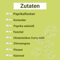 Grafik mit der Überschrift „Zutaten“ und einer Liste: Paprikaflocken, Koriander, Paprika edelsüß, Fenchel, Histaminikus Curry mild, Zitronengras, Piment, Kümmel. 
