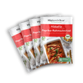 Vier nebeneinander gelegte HistaFix-Beutel „Paprika-Rahmschnitzel“ von Histaminikus mit appetitlicher Abbildung eines überbackenen Hähnchengerichts in cremiger Paprikarahmsoße, roter Verpackung mit Bio-Siegel und Hinweis „histaminarm, glutenfrei, laborgeprüft“.
