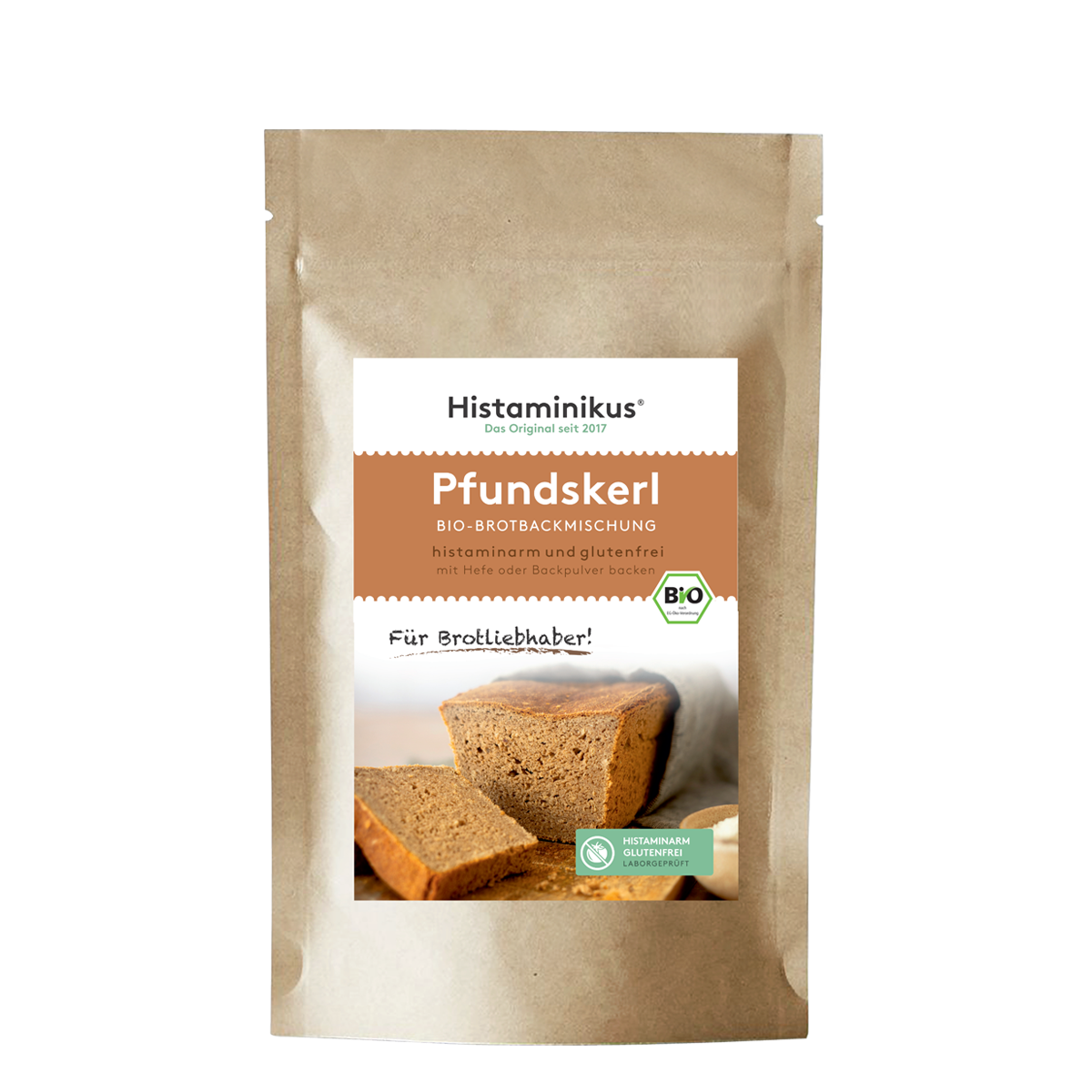 Beutel mit der glutenfreien Bio-Brotbackmischung „Pfundskerl“ von Histaminikus, stehend vor weißem Hintergrund.
Etikett in Braun-Weiß mit Produktname, Bio-Siegel und Hinweis: „histaminarm und glutenfrei – mit Hefe oder Backpulver backen“.
Darunter: Foto eines aufgeschnittenen, saftigen Brots und Schriftzug „Für Brotliebhaber!“
Unten: grünes Label „histaminarm, glutenfrei, laborgeprüft“
