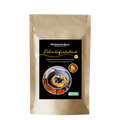Standbeutel aus braunem Kraftpapier mit schwarzem Etikett von Histaminikus. Auf dem Etikett steht „Polentafrühstück“ sowie „Polentafrühstück mit Gojibeeren, histaminarm und glutenfrei“. Abgebildet ist eine Schale mit cremigem Polenta-Frühstück, garniert mit Heidelbeeren. Oben rechts befindet sich ein rundes Detailbild der Mischung, daneben ein gelbes BIO-Siegel. Unten rechts ist ein grünes Siegel mit dem Hinweis auf histaminarm und glutenfrei.