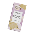 Schräg dargestellte Verpackung der veganen, histaminarmen Schokolade „Schokolotta Quinoa Crisp“ von Histaminikus mit weißem Etikett, handschriftlicher Sprechblase, weißen Schokoladenstücken, Quinoa-Crisps.