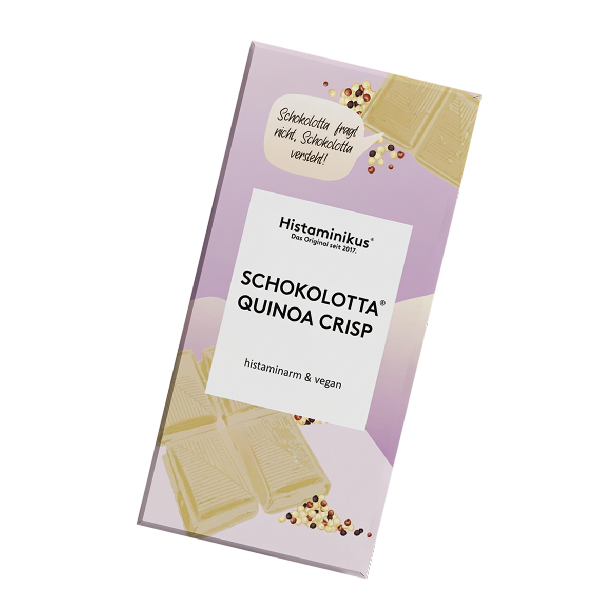 Schräg dargestellte Verpackung der veganen, histaminarmen Schokolade „Schokolotta Quinoa Crisp“ von Histaminikus mit weißem Etikett, handschriftlicher Sprechblase, weißen Schokoladenstücken, Quinoa-Crisps.