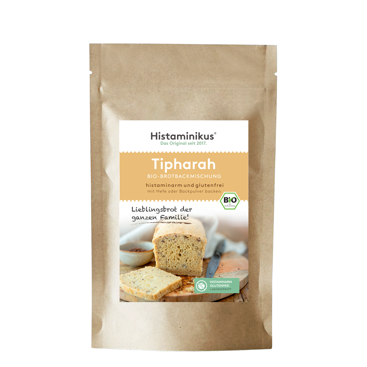 Beutelverpackung der Histaminikus Bio-Brotbackmischung „Tipharah“. Aufdruck: histaminarm und glutenfrei, mit Hefe oder Backpulver backen, Bio-zertifiziert. Abgebildet ist ein angeschnittenes helles Brot mit weicher Krume. In der Ecke das grüne Label „Histaminarm, glutenfrei, laborgeprüft“.