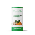 Runde Dose mit grünem Deckel und Etikett der V5 Universalwürze von Histaminikus. Auf dem Etikett stehen Angaben wie „histaminarm“, „glutenfrei“, „laborgeprüft“, „100 % natürlich“ und „FODMAP-bewusst“. Außerdem zu sehen sind die Logos für Bio-Qualität und EU-Öko-Verordnung sowie eine Abbildung von Petersilie, Kurkumapulver, Knollensellerie und Ingwer. Unten steht der Markenname „Histaminikus“ auf grünem Hintergrund.