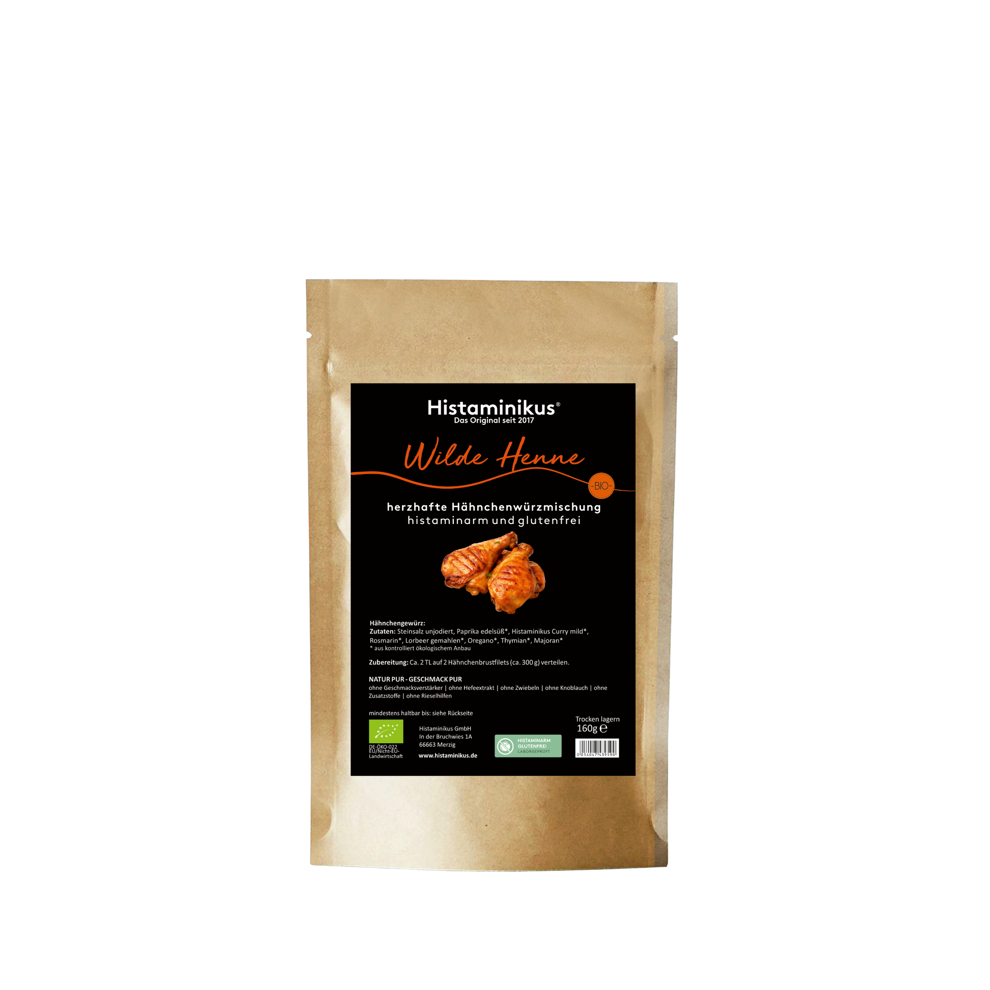 Standbeutel mit schwarzem Etikett. Oben steht „Histaminikus“, darunter in orange „Wilde Henne“. Beschriftung: „Herzhafte Hähnchenwürzmischung – histaminarm und glutenfrei“. Abgebildet sind zwei gewürzte Hähnchenkeulen. Unten Angaben zu Zutaten, Zubereitung, Bio-Siegeln und Verpackungsinformationen.