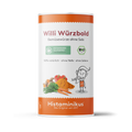Weiße Streudose mit orangefarbenem Deckelrand und Boden. Aufschrift: „Willi Würzbold – Gemüsewürze ohne Salz“. Darunter Piktogramme für „histaminarm, glutenfrei, laborgeprüft“ sowie „BIO“. Abbildung von Karotten, Paprika, Kurkuma, Petersilie und Ingwer. Daneben eine gezeichnete Figur mit ausgestrecktem Arm. Unten orangefarbenes Band mit „Histaminikus – Das Original seit 2017“. Icons für „100 % natürlich“, „ohne Hefe“ und „ohne Sellerie“.