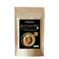 Stehende Papierverpackung „Winterknusper Müsli“ von Histaminikus  mit schwarzem Etikett, hellgelber Schrift, Abbildung einer Müslischale mit Knuspermüsli sowie Bio-Siegel und Produkthinweisen.