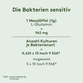 Grafik zur Zusammensetzung von „Die Bakterien sensitiv“: 1 Messlöffel (1 g) enthält 962 mg L-Glutamin. Pro Bakterienart 0,625 × 10⁹ KbE, gesamt 5 × 10⁹ KbE.*
(*KbE = koloniebildende Einheiten)