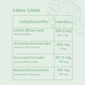 Grafik mit hellgrünem Hintergrund. Überschrift „Leber Liebe“, darunter eine Tabelle mit vier Inhaltsstoffen und Tagesdosierungen:
– Cholin Bitartrat (201,3 mg, davon 82,5 mg Cholin)
– Artischockenextrakt (200 mg, davon 5 mg Cynarin)
– Curcuma Extrakt (157,9 mg, davon 150 mg Curmin)
– Mariendistelextrakt (150 mg, davon 120 mg Silymarin).
Rechts im Hintergrund eine grafisch gezeichnete Artischocke.