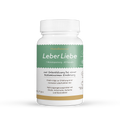 Dose mit weiß-grünem Etikett und dem Schriftzug „Leber Liebe“. Nahrungsergänzungsmittel von HistaBalance zur Unterstützung bei histaminarmer Ernährung. Enthält Cholin, Artischocke, Kurkuma und Mariendistel. 1 Monatspackung mit 60 Kapseln.