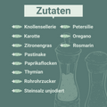 Grafik mit Zutatenliste für die „Salatkräuter“ von Histaminikus. Vor grünem Hintergrund werden alle enthaltenen Zutaten übersichtlich dargestellt: Knollensellerie, Karotte, Zitronengras, Pastinake, Paprikaflocken, Thymian, Rohrohrzucker, Steinsalz unjodiert, Petersilie, Oregano und Rosmarin. Eine stilisierte Illustration von Salz- und Pfeffermühlen ergänzt das Design.