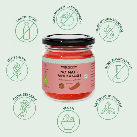 Grafik mit Glas der No!mato Sosse in der Mitte. Drumherum sieht man Icons mit Vorteilen der No!mato Sosse wie: histaminarm laborgeprüft, ohne Zusatzstoffe, vegan, ohne Sellerie,  ohne Sonnenblumenöl, laktosefrei, glutenfrei und natürliche Zutaten