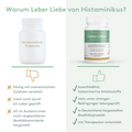 Vergleichsgrafik: Links eine weiße unbeschriftete Dose mit der Aufschrift „herkömmliche Präparate“ und Nachteilen wie unerwünschte Zusätze, fehlende Laborprüfung und Herstellung im Ausland. Rechts das Nahrungsergänzungsmittel „Leber Liebe“ von Histaminikus mit Vorteilen wie histaminarme Inhaltsstoffe, Laborprüfung, Herstellung in Deutschland und Entwicklung mit Therapeuten. Hintergrund zweigeteilt in Weiß und Hellgrün, mit Symbolen für Daumen hoch bzw. runter zur Verdeutlichung.