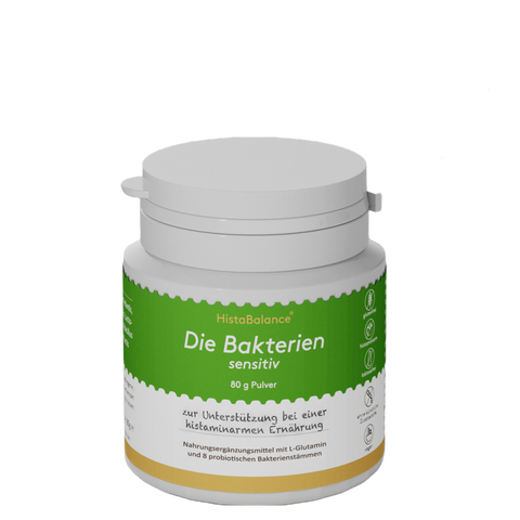 Dose „Die Bakterien sensitiv“ von HistaBalance® mit grünem Etikett. Enthält 80 g Pulver zur Unterstützung bei histaminarmer Ernährung, mit L-Glutamin und 8 probiotischen Bakterienstämmen.