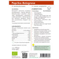 Grafik mit Zubereitungsanleitung für die „Paprika-Bolognese“. Links Zutatenliste und Nährwerte, rechts Zutaten für drei Portionen sowie die Schritt-für-Schritt-Zubereitung. Kennzeichnungen wie „natürliche Bio-Zutaten“ und „histamin- und glutenfrei“. Unten Bio- und EU-Zertifizierung.