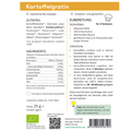 Etikett für HistaFix Kartoffelgratin von Histaminikus: Zutatenliste mit Bio-Gemüse wie Karotten, Sellerie, Pastinake und Kräutern, Nährwerte pro 100 g, Zubereitung für 3 Portionen mit Sahne und Käse, Tipps für vegane Variante, Bio- und Histaminarm-Siegel.