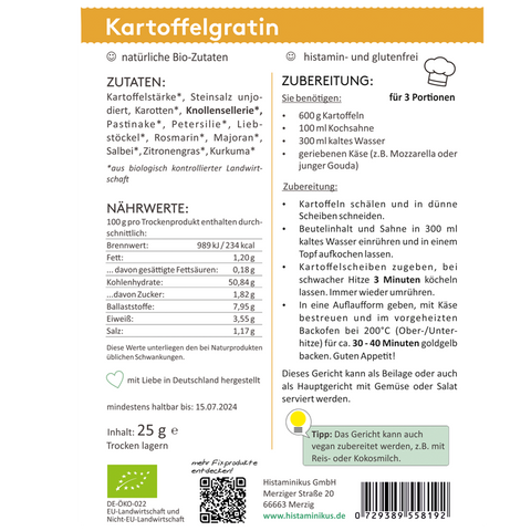 Etikett für HistaFix Kartoffelgratin von Histaminikus: Zutatenliste mit Bio-Gemüse wie Karotten, Sellerie, Pastinake und Kräutern, Nährwerte pro 100 g, Zubereitung für 3 Portionen mit Sahne und Käse, Tipps für vegane Variante, Bio- und Histaminarm-Siegel.