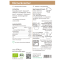 Grafik mit detaillierter Zubereitungsanleitung für die „Körnerkracher“ Bio-Brotbackmischung. Links Zutatenliste und Nährwerte, rechts Backanleitung mit Zutatenliste und bebilderten Schritten. Oben Hinweise wie „natürliche Bio-Zutaten“ und „histamin- und glutenfrei“, unten Bio-Logos und Herstellerinfos.