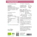 Grafik mit Zutaten- und Zubereitungsangaben für Früchtemüsli. Links Zutaten wie Haferflocken, Aprikosen, Datteln, Leinsamen. Nährwerte pro 100 g, Gesamtinhalt 375 g. Rechts Zubereitung mit Kokosmilch und Beeren, plus Rezeptidee für Energy Balls.