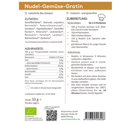 Etikett der Sorte „Nudel-Gemüse-Gratin“ von Histaminikus mit Zutatenliste aus natürlichen Bio-Zutaten wie Reismehl, Petersilienwurzel und Paprikaflocken, sowie Zubereitungsempfehlung für 2–3 Portionen mit frischem Gemüse, Penne und Käse; inklusive Nährwertangaben pro 100 g.
