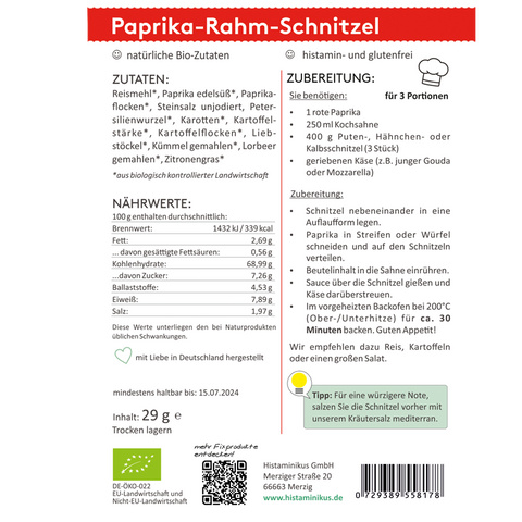 Etikett der HistaFix-Mischung „Paprika-Rahm-Schnitzel“ mit Zutatenliste, Nährwertangaben und Zubereitungsempfehlung für drei Portionen, inklusive Tipp für eine würzigere Note mit „Kräutersalz mediterran“, grünem Bio-Siegel und Histaminikus-Logo am unteren Rand.