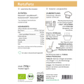 Grafik mit Zubereitungsanleitung für die „RatzFatz“ Bio-Pfannkuchenmischung. Links Zutatenliste und Nährwerte pro 100 g, rechts die Schritt-für-Schritt-Anleitung mit Zutatenmengen für die Teigzubereitung mit oder ohne Ei. Darüber Hinweise wie „natürliche Bio-Zutaten“ und „histamin- und glutenfrei“. Unten Logos für Bio-Zertifizierung, Herkunft sowie Herstellerdaten.