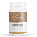 Weiße Kunststoffdose mit braunem Etikett. Aufschrift: „Bio Flohsamenschalen – 1 Monatspackung, 180 Kapseln“. Hinweis auf histaminarme Ernährung und Ballaststoffe.