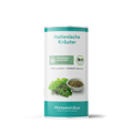Weiße Gewürzdose mit weißen Label mit der Aufschrift „Italienische Kräuter“. Darunter türkisgrüne Label mit „histaminarm, glutenfrei, laborgeprüft“ und Bio-Siegel. Auf der Vorderseite eine kleine Schale mit getrockneten Kräutern, daneben frische Kräuter wie Basilikum, Oregano und Rosmarin.