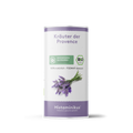 Abbildung einer Gewürzdose mit der Aufschrift „Kräuter der Provence“. Darunter Bio-Siegel sowie Hinweise wie „histaminarm“, „glutenfrei“, „100 % natürlich“ und „FODMAP-bewusst“. Auf dem Etikett ist ein Strauß frischer Lavendelzweige abgebildet. Die Dose ist in Weiß und Violett gestaltet, unten mit dem Logo von Histaminikus.