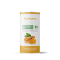Weiße Dose mit gelber Schrift „Kurkuma“ und grüner BIO-Kennzeichnung. Darunter ein Foto mit frischer Kurkumawurzel, grünen Blättern und Kurkumapulver. Aufdruck: „100 % natürlich · FODMAP-bewusst“. Unten goldgelber Streifen mit „Histaminikus – histaminfrei glutenfrei glücklich“.