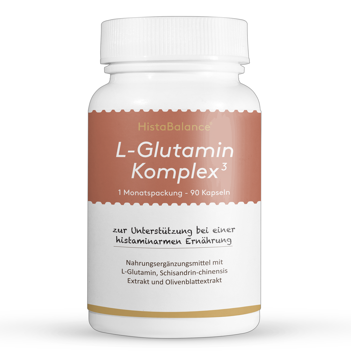 Weiße Dose mit rostbraunem Etikett und der Aufschrift „L-Glutamin Komplex³“. Darunter „1 Monatspackung – 90 Kapseln“ sowie der Hinweis „zur Unterstützung bei einer histaminarmen Ernährung“. Unten steht: „Nahrungsergänzungsmittel mit L-Glutamin, Schisandrin-chinensis Extrakt und Olivenblattextrakt“. Goldfarbener Zierstreifen am unteren Rand.