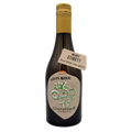 Braune Glasflasche mit goldfarbenem Schraubverschluss. Auf dem Etikett steht „VERJUS MUSKAT“ sowie „Gustavshof – Biodynamisch“ mit einer stilisierten grünen Traubengrafik. Ein zusätzlicher Anhänger am Flaschenhals trägt die Aufschrift „NEUES ETIKETT – Sonst bleibt alles gleich!“.