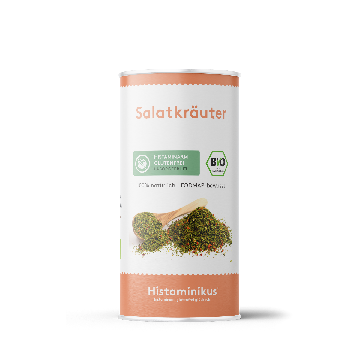 Produktabbildung der Gewürzdose „Salatkräuter“ von Histaminikus. Auf der Vorderseite Hinweise wie „histaminarm, glutenfrei, laborgeprüft“, „100 % natürlich“ und „FODMAP-bewusst“. Mit Bio-Siegel und einem Serviervorschlag mit Holzlöffel und Gewürzmischung. Unten das Markenlogo Histaminikus.